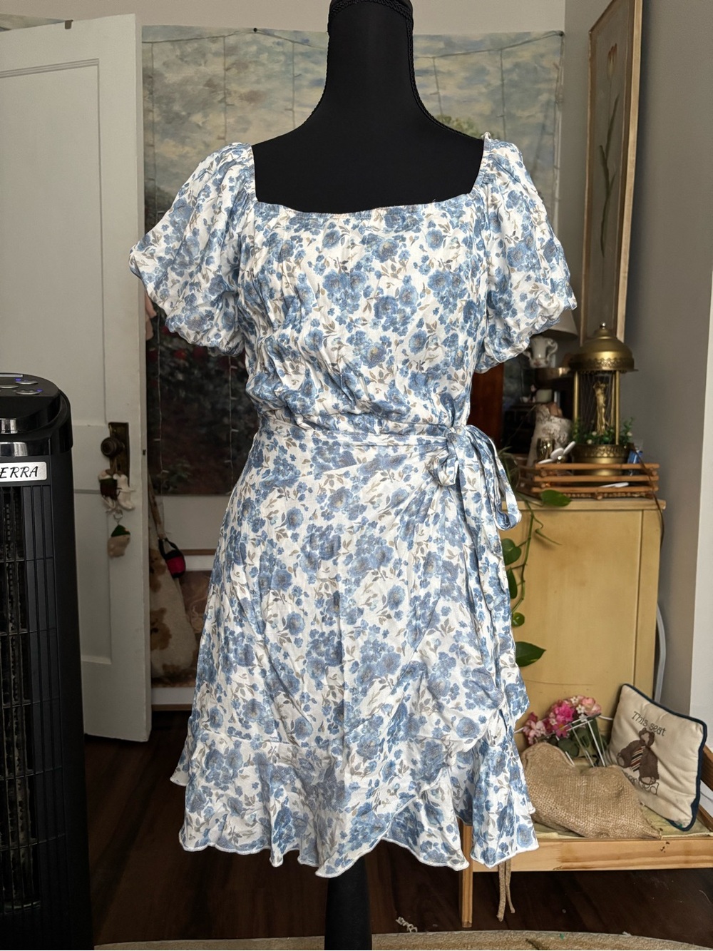 Trixxi Blue and White Floral Wrap Mini Dress